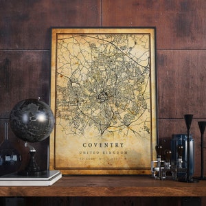 Coventry Vintage Karte Poster Wandkunst | Stadt Kunstwerk Druck | Antike, rustikale, alte Wohnkultur | Vereinigtes Königreich Drucke Geschenk | M484
