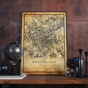 arte da parede do poster do mapa vintage de Montpellier | Impressão de arte da cidade | Decoração de casa antiga, rústica e antiga | França imprime presente | M738