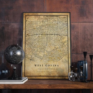 Póster de mapa vintage de West Covina, arte de pared, impresión de arte urbano, decoración del hogar antigua, rústica y de estilo antiguo, impresiones de California, regalo, VM277