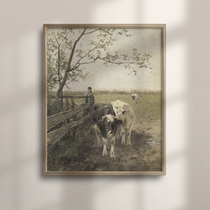 Vintage Cow Farm Scene Painting: Rustic Farmhouse Wall Art