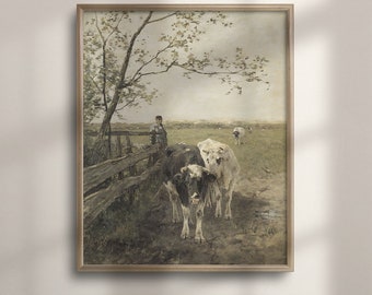 Vintage Cow Farm Scene Painting: Rustic Farmhouse Wall Art