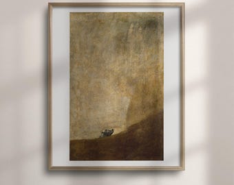 El perro ahogándose: Arte mural gótico de Francisco Goya, pintura de un perro en ocre.