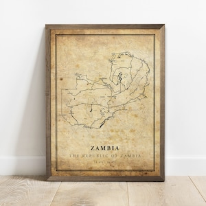 Zambia vintage kaart poster print, land straat wegenkaart kunst aan de muur, landkaart, land decor, C15-141