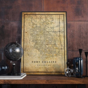 Póster de mapa vintage de Fort Collins, arte mural, impresión de arte urbano, decoración del hogar antigua, rústica y de estilo antiguo, impresiones de Colorado, regalo, VM155