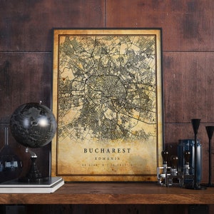 Art mural d'affiche de carte vintage de Bucarest | Impression d'œuvres d'art de la ville | Décoration d'intérieur antique, rustique et de style ancien | La Roumanie imprime un cadeau | M523