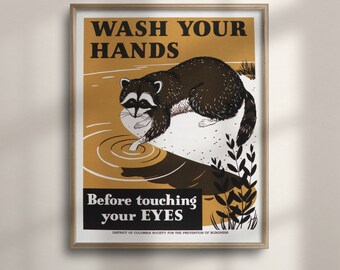 Vintage Raccoon Wash Your Hands Poster: Retro Bathroom Decor