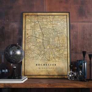Póster de mapa vintage de Rochester, arte mural, impresión de arte urbano, decoración del hogar antigua, rústica y de estilo antiguo, impresiones de Minnesota, regalo, VM245
