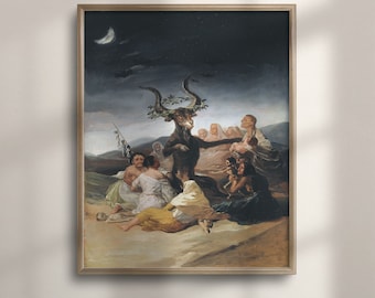 May include: A painting depicting a dark-colored goat-like creature with horns and a wreath of leaves, surrounded by people in a dark landscape. The scene is illuminated by a crescent moon in the sky.