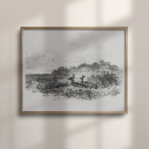 Antique Deer Sketch, Rustic Farmhouse Art, Vintage Landscape Drawing, Woodland Nursery Decor, Neutral Home Accent, C16-81