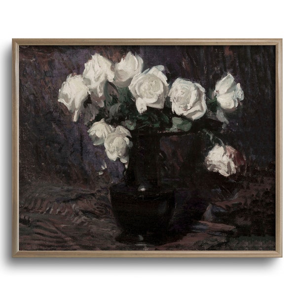 Dark Moody Roses Painting, Vintage Square Flower Still Life Print, C16-174