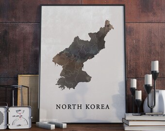 North Korea vintage style map print, North Korea map poster,  gift, North Korea wall art decor, retro poster, gift kitchen, VO220