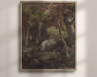 Rustic Autumn Forest Landscape Painting: Vintage Fall Wall Art