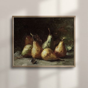 Vintage Still Life Pear Painting, Kitchen Wall Art, Moody Oil Artwork, Framed Fruit Poster, Classic Shelf Decor, C16-162