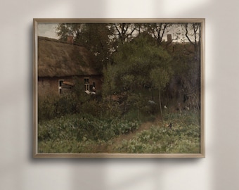 Vintage Farmhouse Landscape Art Print: Rustic Primitive Decor