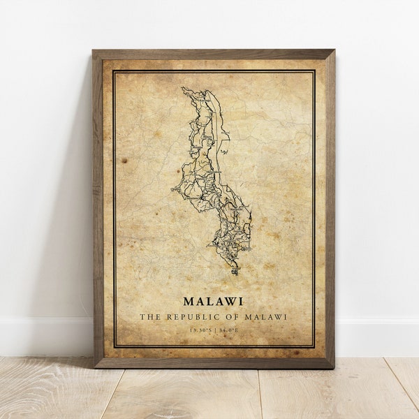 Malawi vintage map poster print, country street road map wall art, country gifts, country map print, C15-77