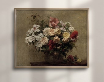 Vintage Roses Still Life Painting: Antique Floral Kitchen Decor