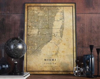 Miami Vintage Map Poster Wall Art | City Artwork Print | Antique, rustic, old style Home Decor | Florida prints gift | VM42