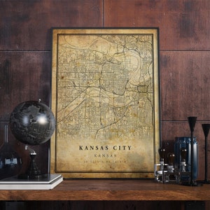 Póster de mapa vintage de Kansas City, arte mural, impresión de arte urbano, decoración del hogar antigua, rústica y de estilo antiguo, impresiones de Kansas, regalo, VM171