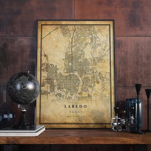 Póster de mapa vintage de Laredo, arte de pared, impresión de arte urbano, decoración del hogar antigua, rústica y de estilo antiguo, impresiones de Texas, regalo, VM80