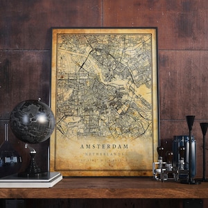 Amsterdam Vintage Karte Poster Wand Kunst | Stadt Kunstwerk Druck | Antike, rustikale, alte Wohnkultur | Niederlande Drucke Geschenk | M617