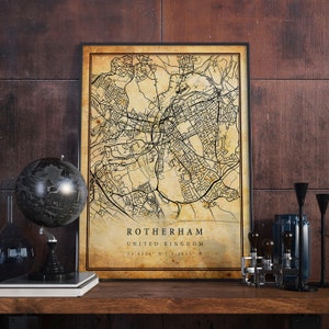 Rotherham Vintage Karte Poster Wandkunst | Stadt Kunstwerk Druck | Antike, rustikale, alte Wohnkultur | Vereinigtes Königreich Drucke Geschenk | M498