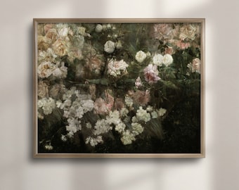 Antique Rose Garden Oil Painting: Vintage Floral Cottagecore Wall Art