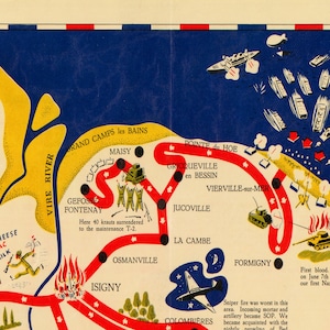 Puede incluir: Un mapa ilustrado en rojo y negro de una operaci&oacute;n militar en Francia. El mapa muestra la ruta de la operaci&oacute;n, con flechas que indican la direcci&oacute;n del movimiento. El mapa tambi&eacute;n incluye los nombres de varias ciudades y pueblos, as&iacute; como los nombres de las unidades militares. El mapa est&aacute; sobre un fondo azul con un borde amarillo.