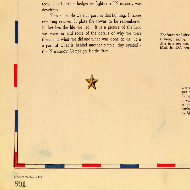 Puede incluir: Un mapa vintage con una estrella dorada en el centro. El mapa est&aacute; rodeado por un borde rojo, blanco y azul. El texto en el mapa dice "The American Luftw. a wrong reading. days in a row they Made in USA bom".