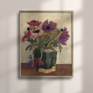 Antique Floral Oil Painting, Vintage Botanical Wall Art, Peonies Print, Farmhouse Decor, Living Room Art, Vintage Home Decor, C16-1360