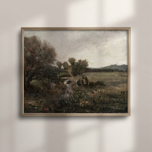 Vintage Green Landscape Oil Painting: Cottagecore Farmhouse Wall Art