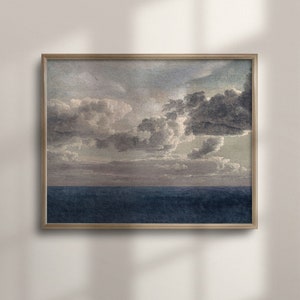 Vintage Ozean Horizon Ölgemälde, antike Wolken Studie Kunst, stimmungsvolle Küsten Wand-Dekor, dunkelblaues Meer Kunstwerk, nautische Wohnkultur, C16-30