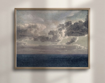 Vintage Ocean Horizon Oil Painting: Moody Coastal Art