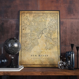 Póster de mapa vintage de New Haven, arte mural, impresión de arte urbano, decoración del hogar antigua, rústica y de estilo antiguo, impresiones de Connecticut, regalo, VM210
