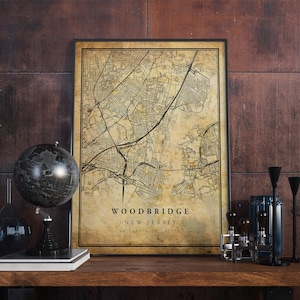 Póster de mapa vintage de Woodbridge, arte mural, impresión de arte urbano, decoración del hogar antigua, rústica y de estilo antiguo, impresiones de Nueva Jersey, regalo, VM303