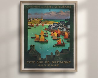 Vintage Brittany France Travel Poster: Audierne Coastal Art