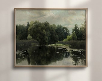 Vintage Lakeside Oil Painting: Rustic Mountain Lake Scenery Wall Art