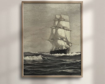 Vintage Seascape Painting: Moody Ocean Ship Art Print
