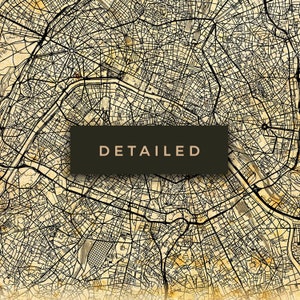 May include: A detailed vintage map of a city with a brown rectangle overlaying the center of the map with the word "DETAILED" in white text.