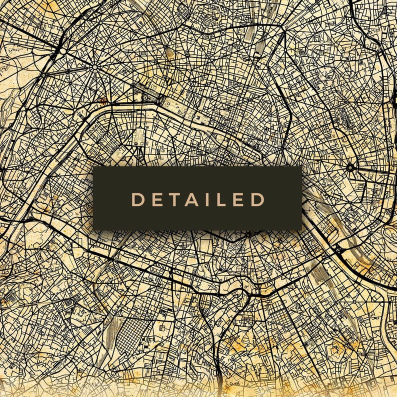 May include: A detailed vintage map of a city with a brown rectangle overlaying the center of the map with the word "DETAILED" in white text.