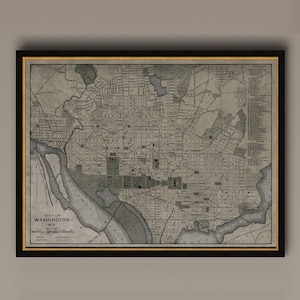 Kaart van Washington D.C., vintage kaart van Washington D.C., stadsplattegrond, vintage kunst aan de muur, ingelijste opties beschikbaar, circa 19e eeuw, AM77