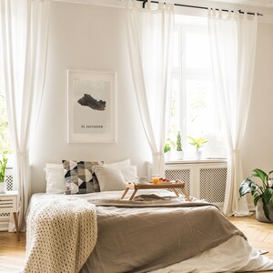 May include: A bedroom with white walls and white curtains. A bed with a brown blanket and white pillows is in the centre of the room. A framed print of the country of El Salvador is hanging on the wall behind the bed. A tray with a glass of orange juice and a plate of fruit is on a wooden tray table next to the bed.