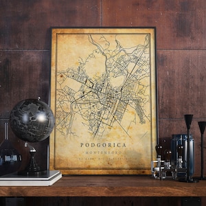 Podgorica Vintage Map Poster Wall Art | City Artwork Print | Antique, rustic, old style Home Decor | Montenegro prints gift | M664