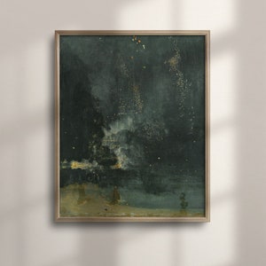 Pode incluir: Uma pintura emoldurada que representa um céu noturno verde escuro com uma nuvem branca e algumas estrelas dispersas. A parte inferior da pintura mostra uma massa de água verde escura com uma costa marrom clara.