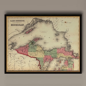 Mapa da Península Superior, Michigan MI, 1873. Hardware de restauração Home Deco estilo Old Wall Vintage Reprint., AM6