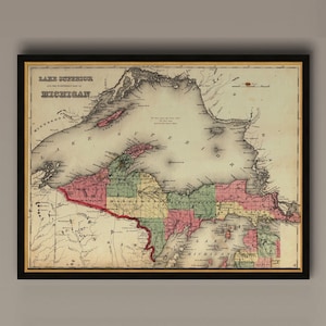 Map of the Upper Peninsula, Michigan MI, 1873.  Restoration Hardware Home Deco Style Old Wall Vintage Reprint., AM6