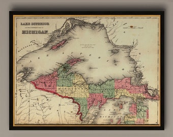 Map of the Upper Peninsula, Michigan MI, 1873.  Restoration Hardware Home Deco Style Old Wall Vintage Reprint., AM6