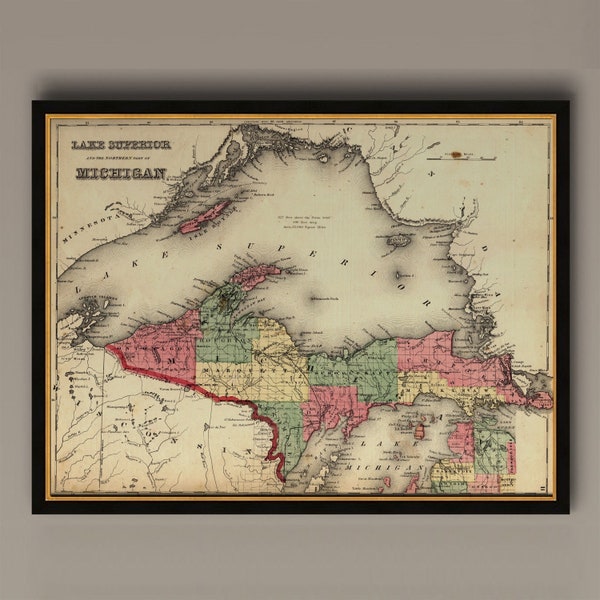 Map of the Upper Peninsula, Michigan MI, 1873.  Restoration Hardware Home Deco Style Old Wall Vintage Reprint., AM6