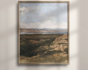 Vintage Coastal Landscape Painting: Neutral Farmhouse Wall Art