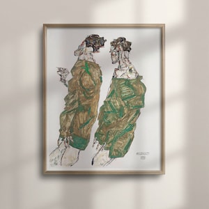 May include: A painting of two people standing side-by-side. The person on the left is wearing a brown and green jacket. The person on the right is wearing a green and brown jacket. The painting is signed "EGON SCHIELE 1915".