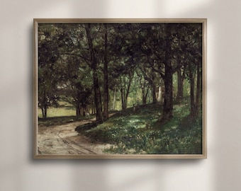 Antique Landscape Oil Painting: Rustic Farmhouse Wall Art